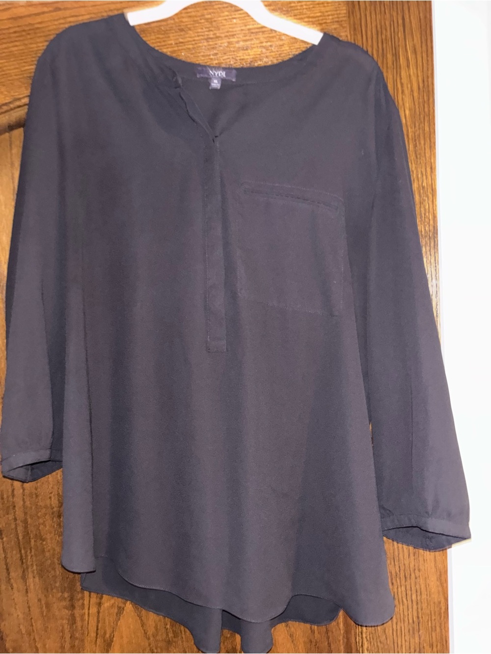 NYDJ Women’s Solid Black 3/4 Sleeve Henley Back Pleat Blouse XL